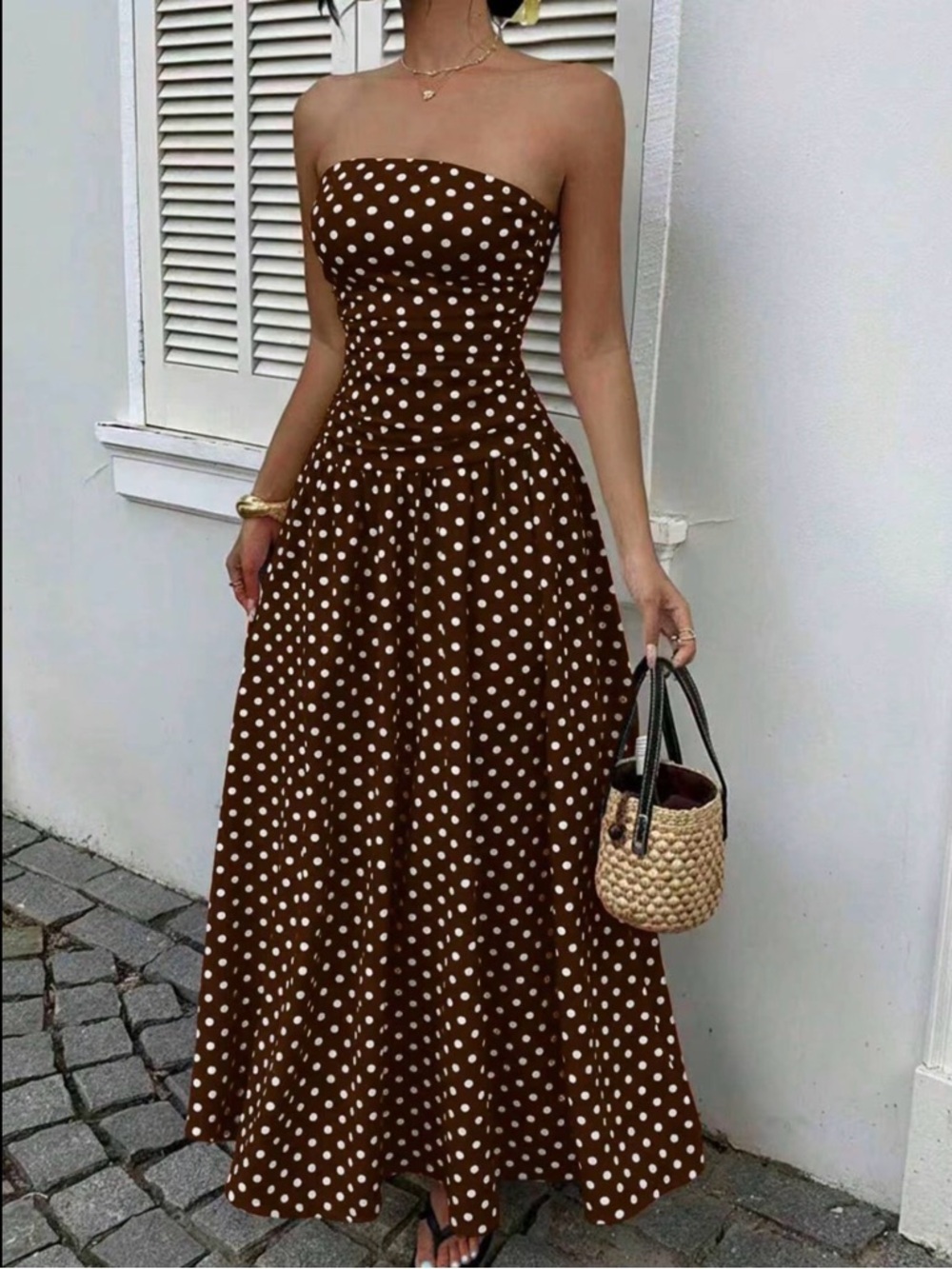 Strapless Brown Polka Dot Maxi Dress